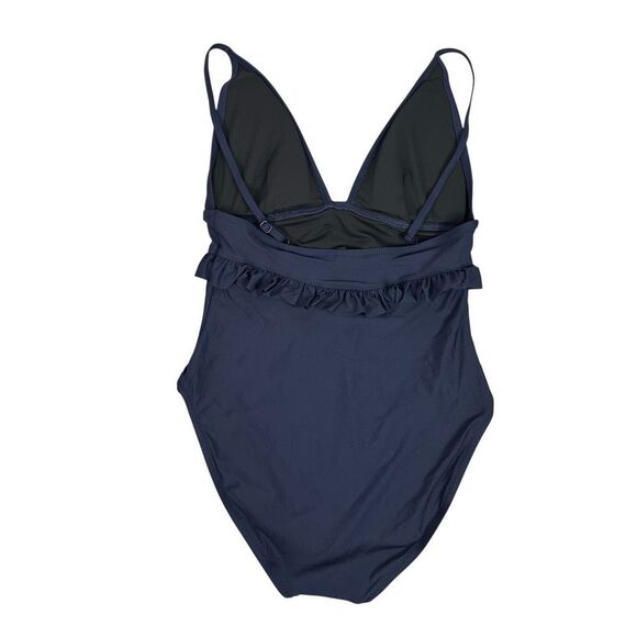 J. Crew Women’s size 8 Ruffle deep-V one-piece swimsuit Navy Blue NEW - Picture 3 of 10